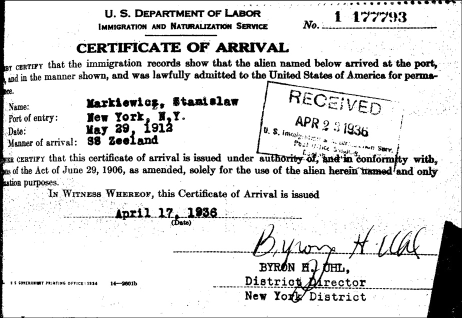 Certificate Of Arrival