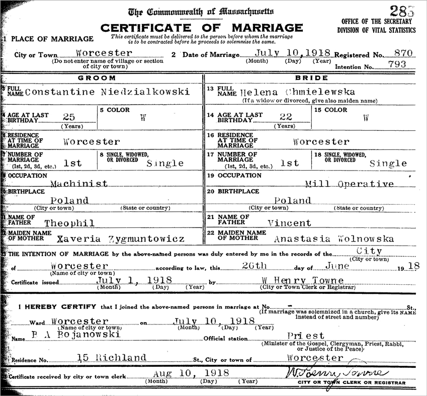 The Marriage Certificate of Constantine Niedzialkowski and Helena