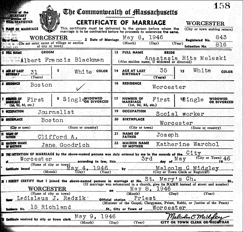 Marriage Certificate Massachusetts