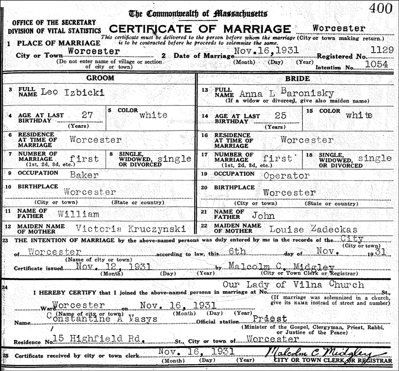 Marriage Certificate for Leo Izbicki and Anna L Baronisky