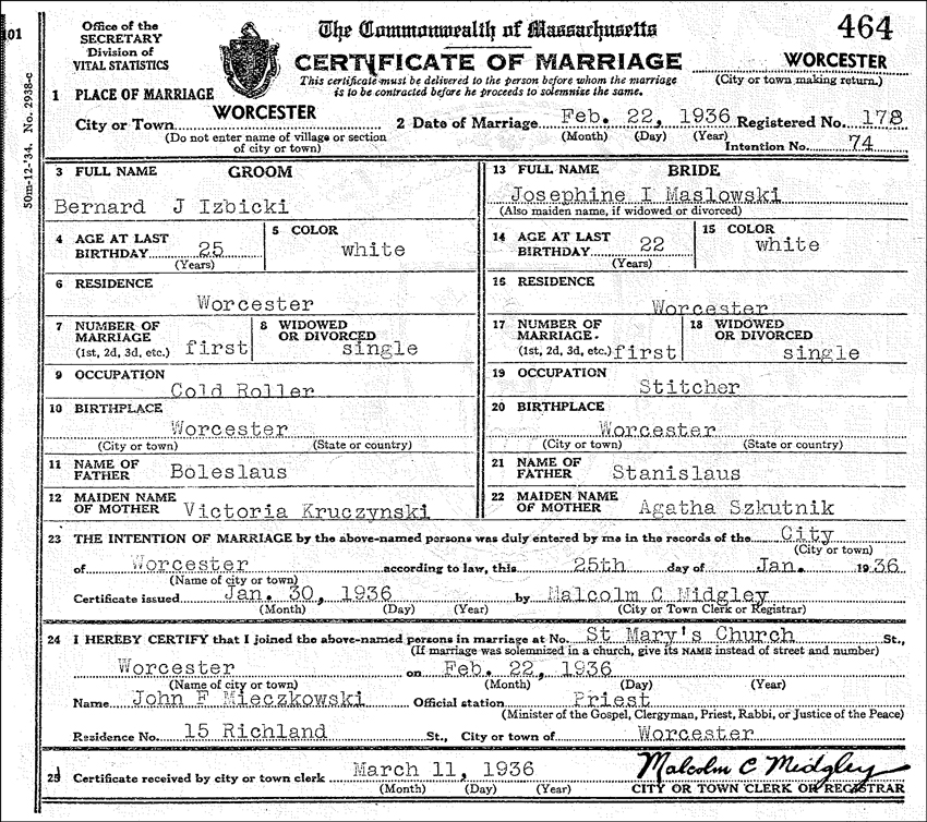 The Marriage Certificate for Bernard J Izbicki and Josephine I Maslowski