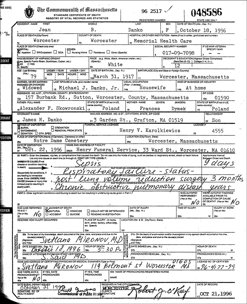 Death Record of Jean B. Danko