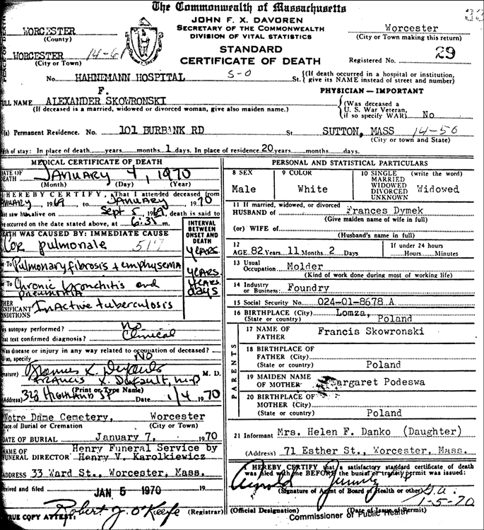 Death Record for Alexander Skowronski
