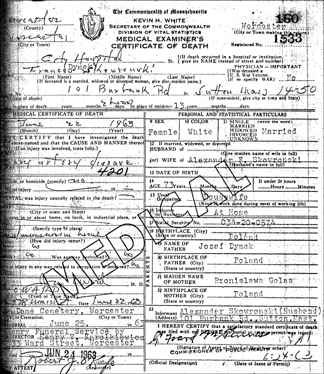 Death Certificate for Frances Skowronski
