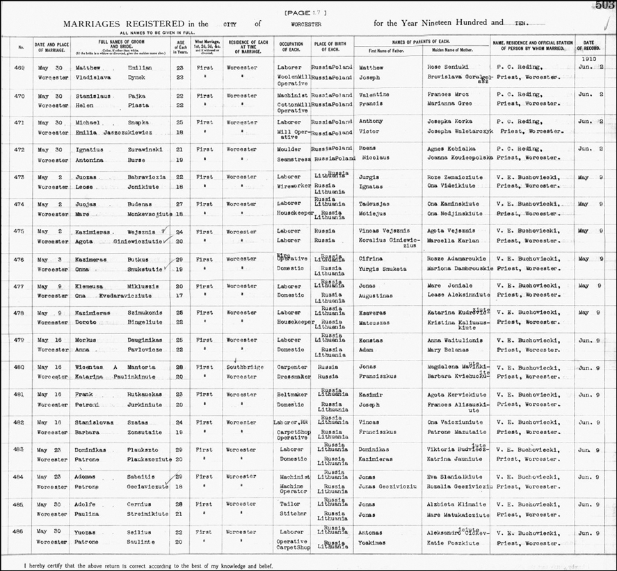 Marriage Record for Matthew Emilian and W�adys�awa Dymek