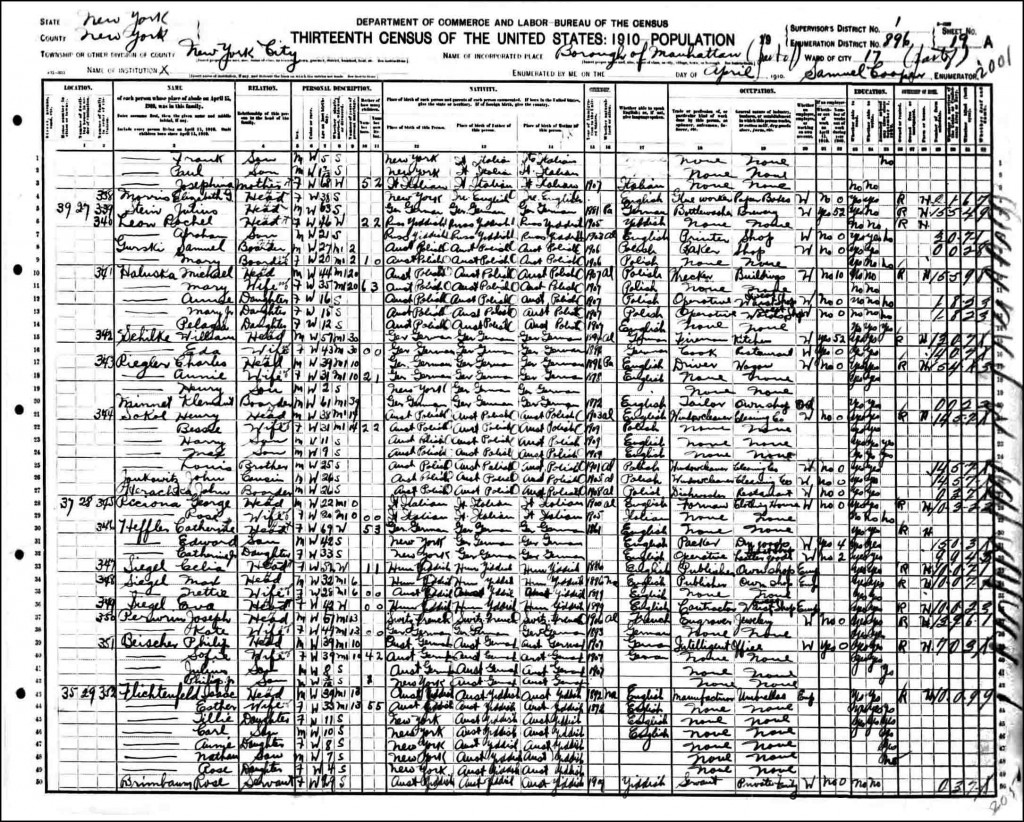 1910 US Census Record for Isaac Flichtenfeld
