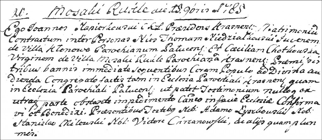The Marriage Record of Tomasz Niedziałkowski and Cecylia Chodkowska - 1785