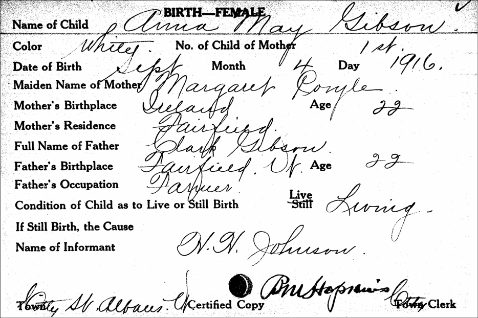 Birth Record for Anna May Gibson