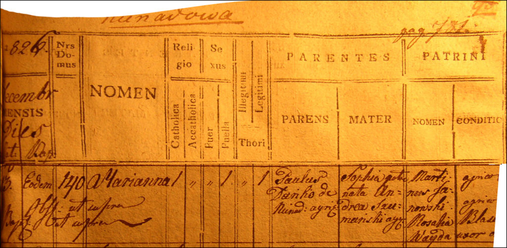 The Birth and Baptismal Record for Marianna Dańko - 1826