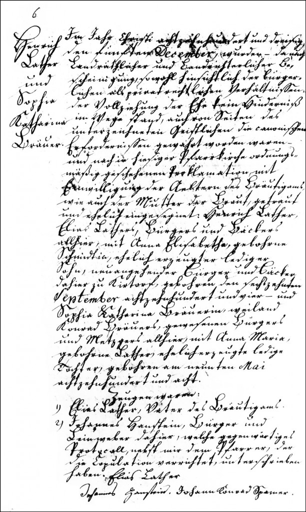The Marriage Record of Henrich Lather and Sophia Katharina Brauer - 1830