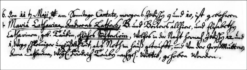 The Birth and Baptismal Record of Maria Catharina Lather - 1732