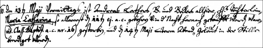 The Death and Burial Record of Maria Catharina Lather - 1732