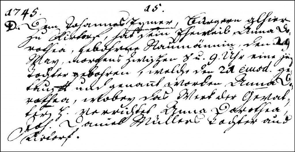 The Birth and Baptismal Record of Anna Dorothea Eymer - 1745
