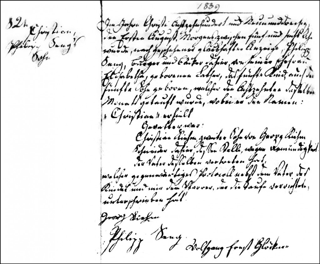 The Birth and Baptismal Record of Christian Seng - 1839