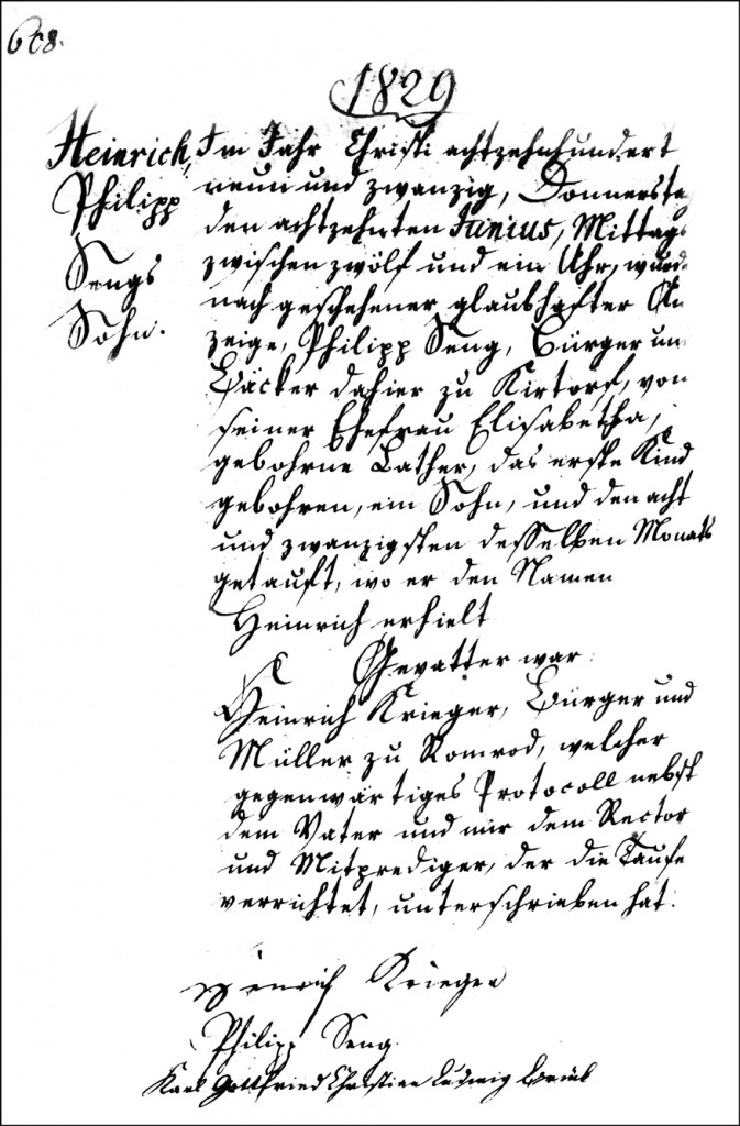 The Birth and Baptismal Record of Heinrich Seng - 1829