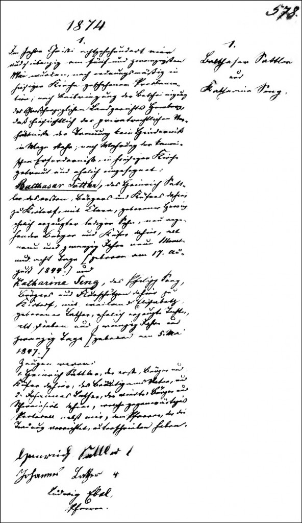 The Marriage Record of Balthasar Sattler and Katharina Seng - 1874