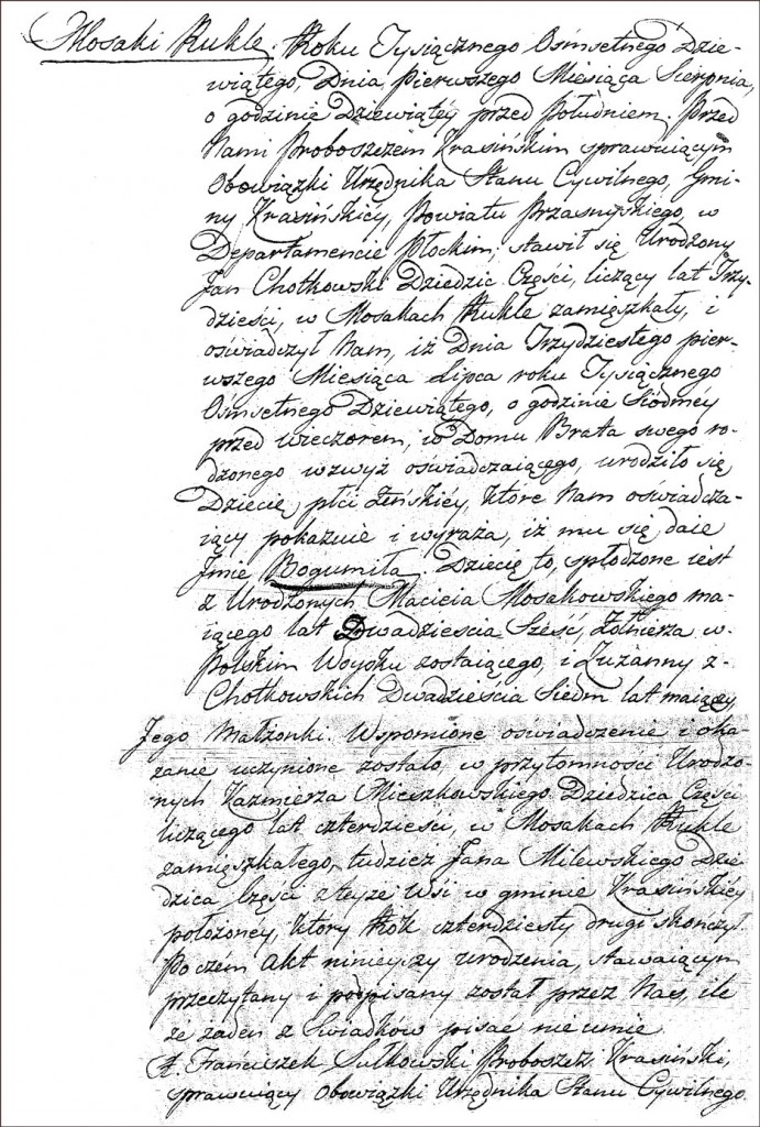 The Birth and Baptismal Record of Bogumiła Mosakowska - 1809