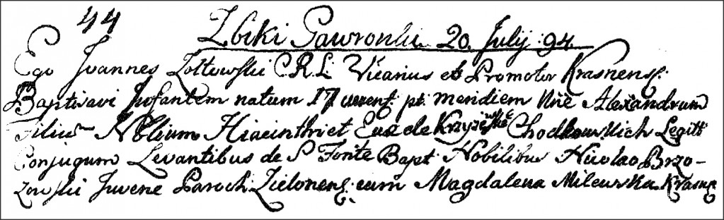 The Birth and Baptismal Record of Aleksander Chodkowski - 1794