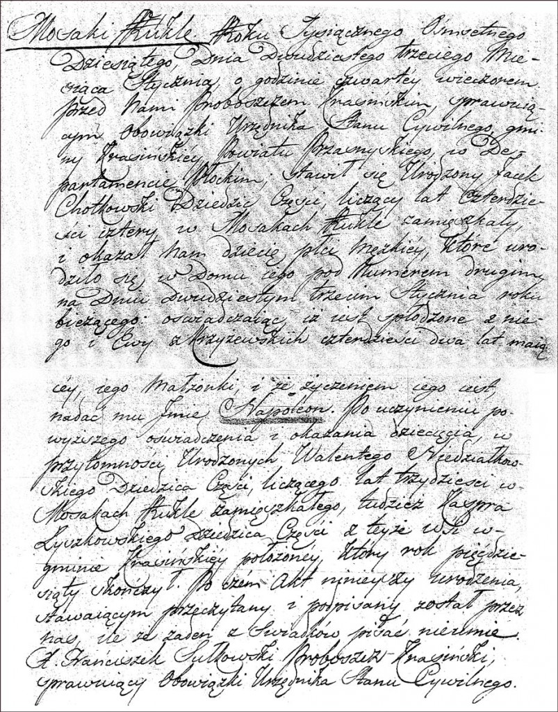 The Birth and Baptismal Record of Napoleon Chodkowski - 1810