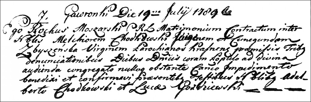 The Marriage Record of Melchior Chodkowski and Kunegunda Zbyszynska - 1789