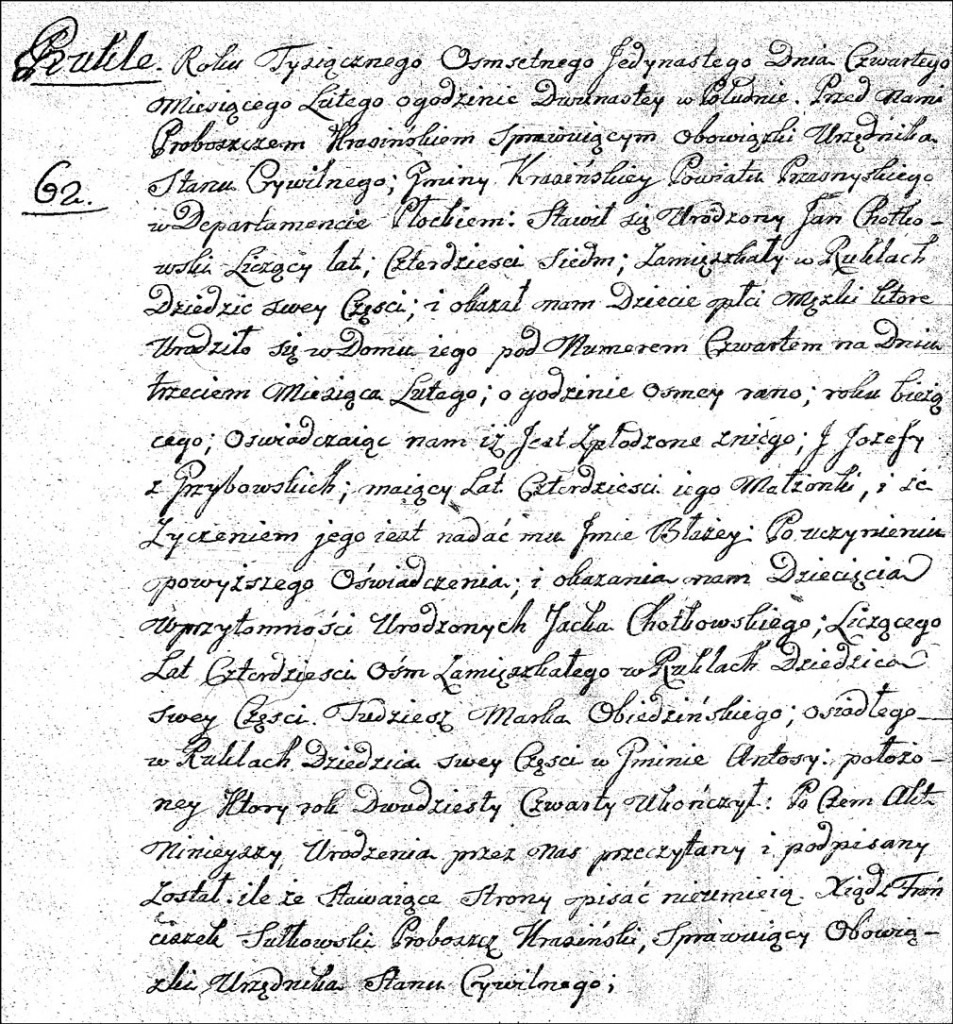 The Birth and Baptismal Record of Błażej Chodkowski - 1811