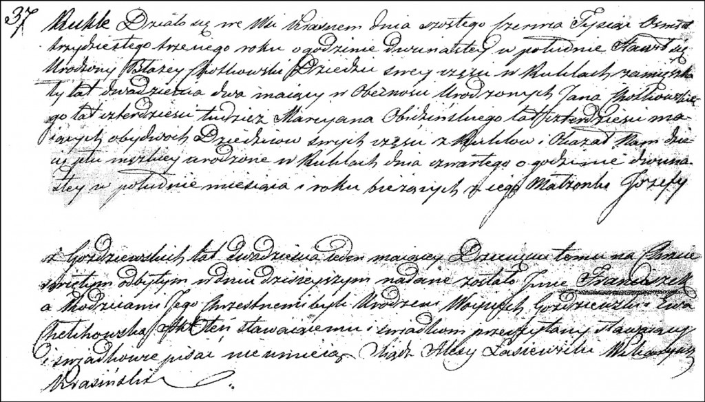 The Birth and Baptismal Record of Franciszek Chodkowski - 1833
