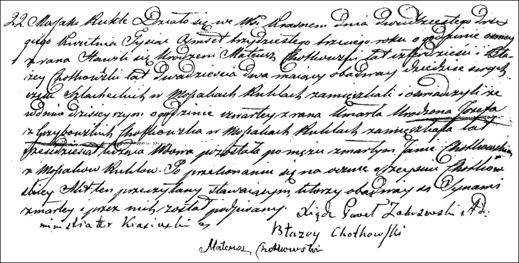 The Death and Burial Record of Józefata née Grzybowska Chodkowska - 1833
