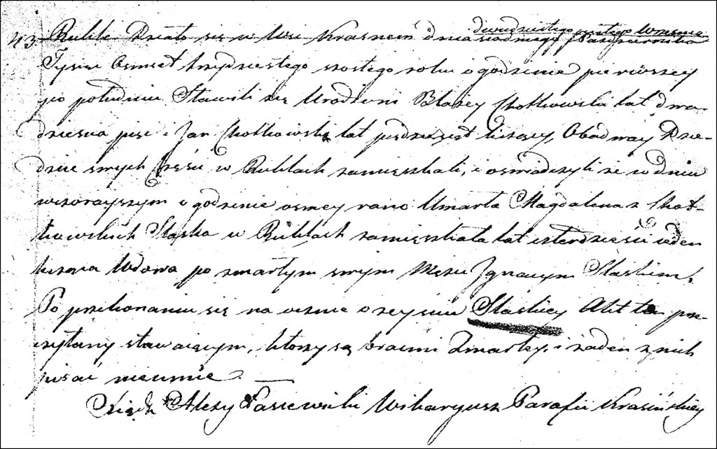 The Death and Burial Record of Magdalena née Chodkowska Ślaska - 1836