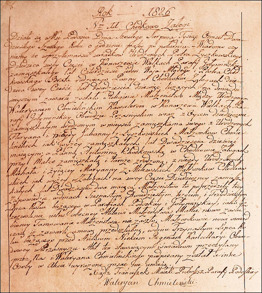 The Marriage Record of Walerian Chmieliński and Antonina Chodkowska - 1826