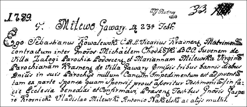 The Marriage Record of Michał Chodkowski and Marianna Milewska - 1789
