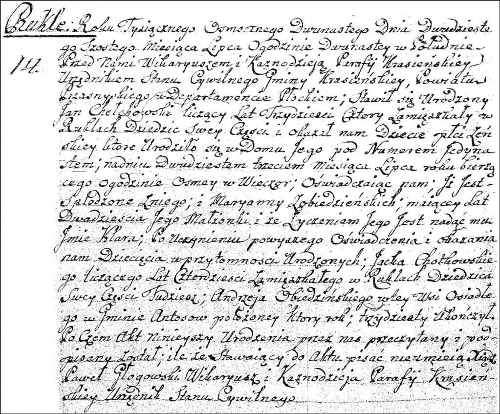 The Birth and Baptismal Record of Klara Chodkowska - 1812