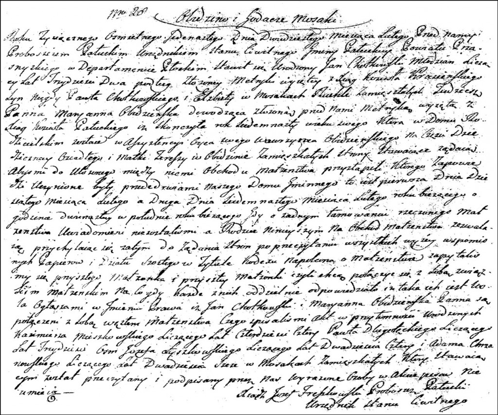 The Marriage Record of Jan Chodkowski and Marianna Obidzińska - 1811