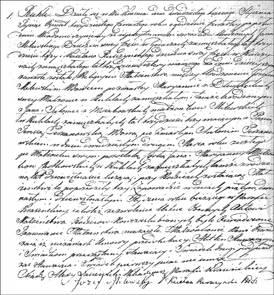 The Marriage Record of Józef Milewski and Teresa née Chodkowska Perzanowska - 1834