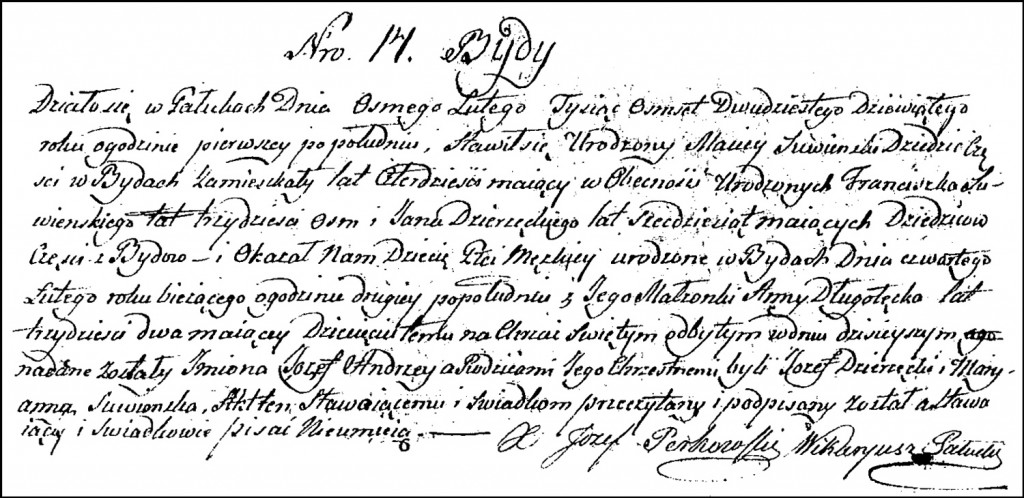 The Birth and Baptismal Record of Józef Andrzej Suwiński - 1829