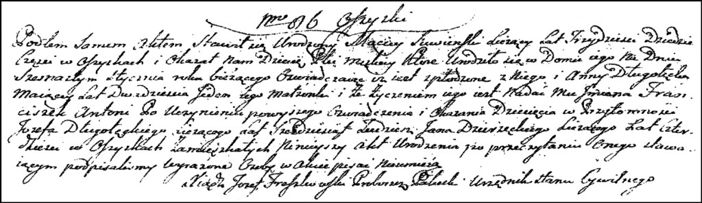 The Birth and Baptismal Record of Franciszek Antoni Suwiński - 1818