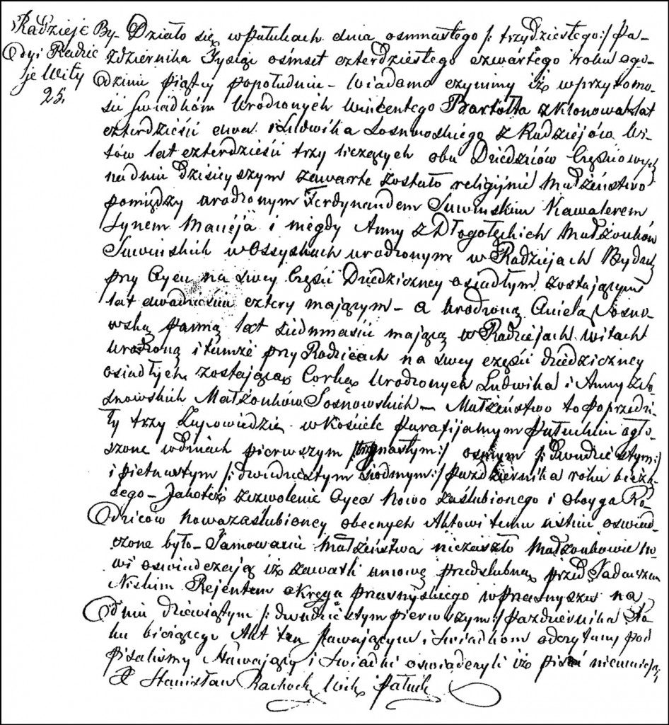 The Marriage Record of Ferdynand Suwiński and Aniela Sosnowska - 1844