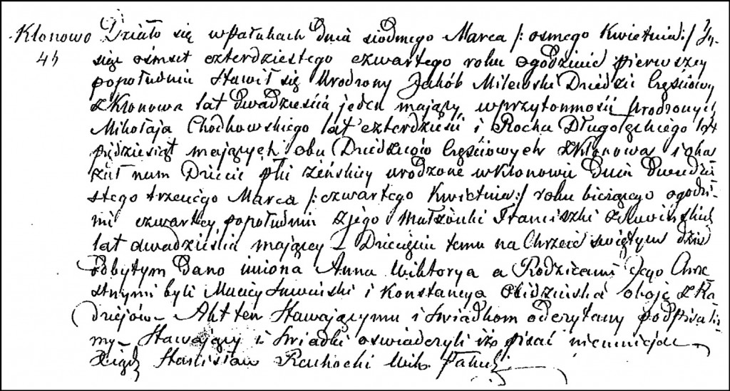 The Birth and Baptismal Record of Anna Wiktoria Milewska - 1844