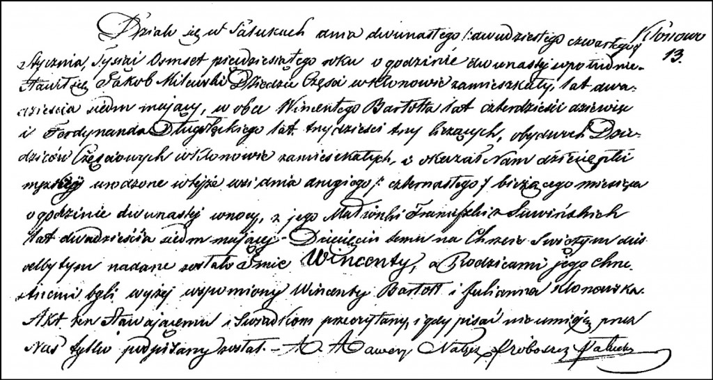 The Birth and Baptismal Record of Wincenty Milewski - 1850