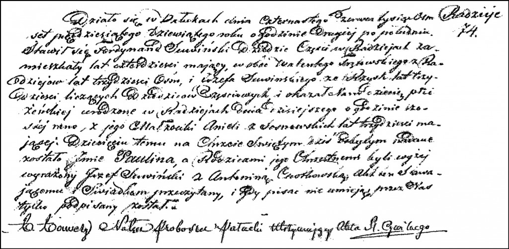 The Birth and Baptismal Record of Paulina Suwińska - 1859