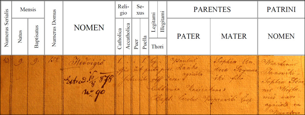 The Birth and Baptismal Record for Jadwiga Dańko - 1847ï»¿