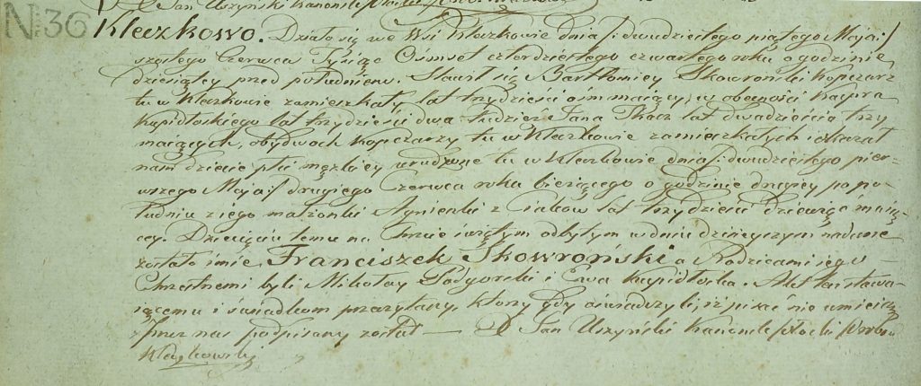 Birth and Baptismal Record for Franciszek Skowroński - 1844