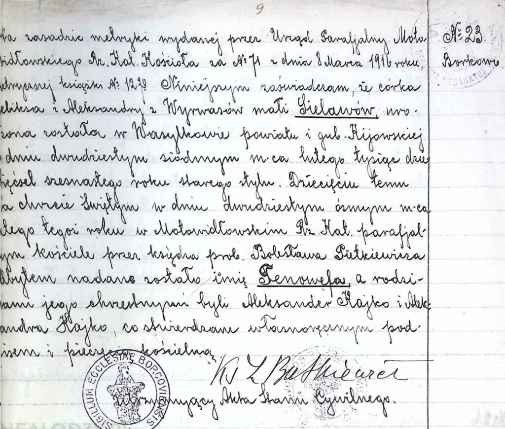 Birth and Baptismal Record for Genowefa Sielawa - 1916/1920