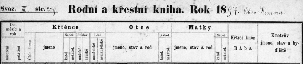 Header for Celestina Staroba Birth/Baptismal Record - 1897